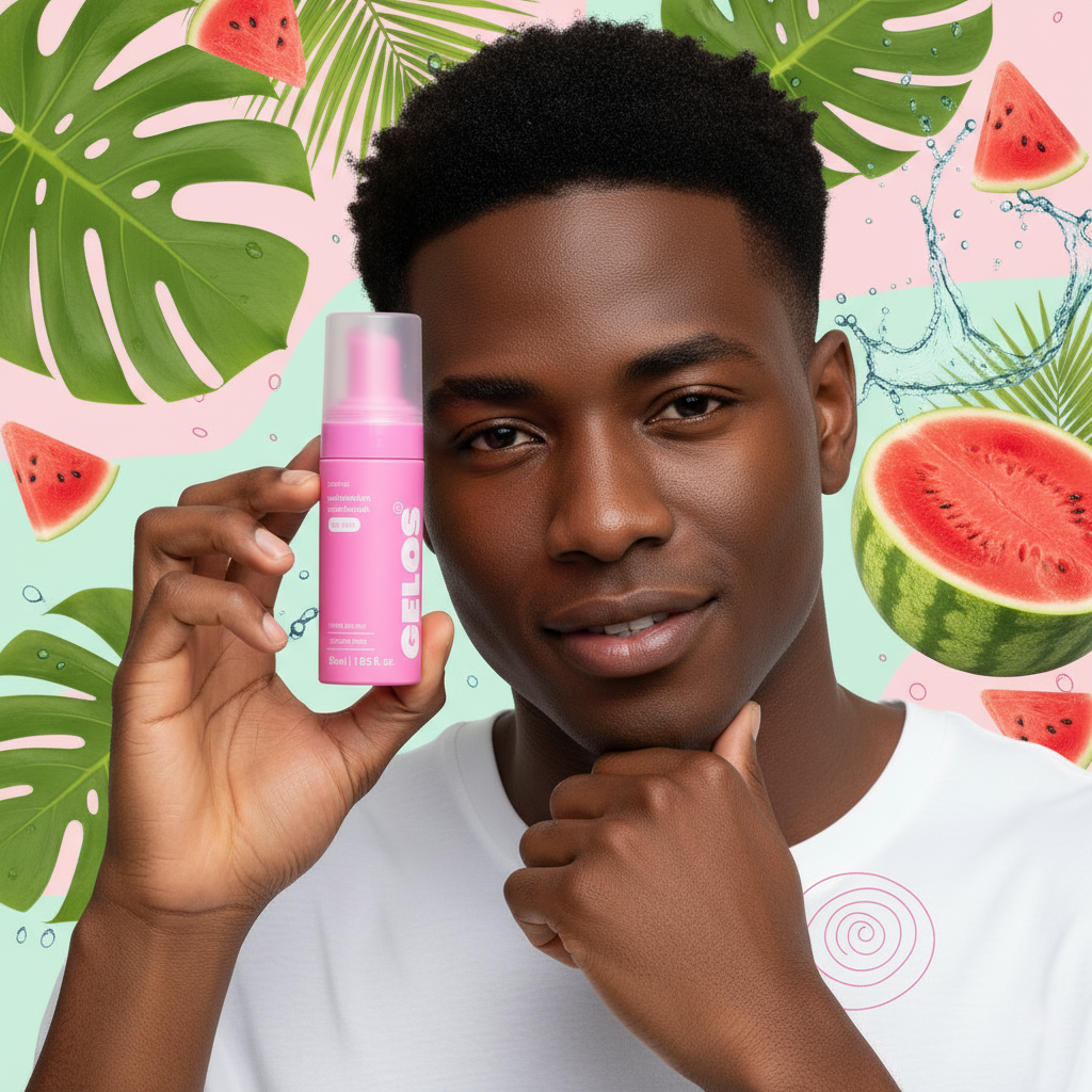Black male model with smaller watermelon mouthwash