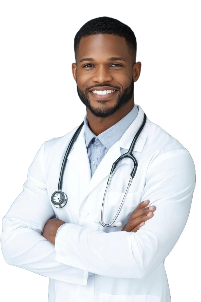 Smiling dentist in a white lab coat